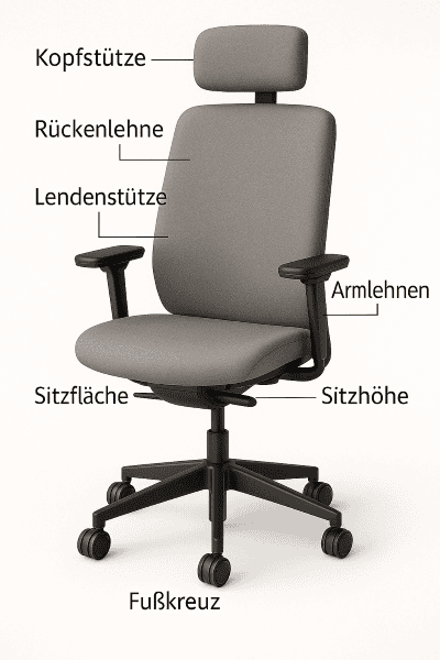 Buerostuhl mit Beschriftung der wesentlichen Teile 1
